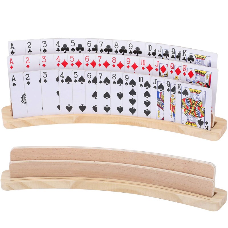 Exqline Curved Wooden Playing Card Holder Tray Rack Organizer Set of 2 Solid Card Holder for Kids Seniors - 13.8 x 1.9 x 2.4 Inch for Bridge Canasta Strategy Card Playing - Image 1